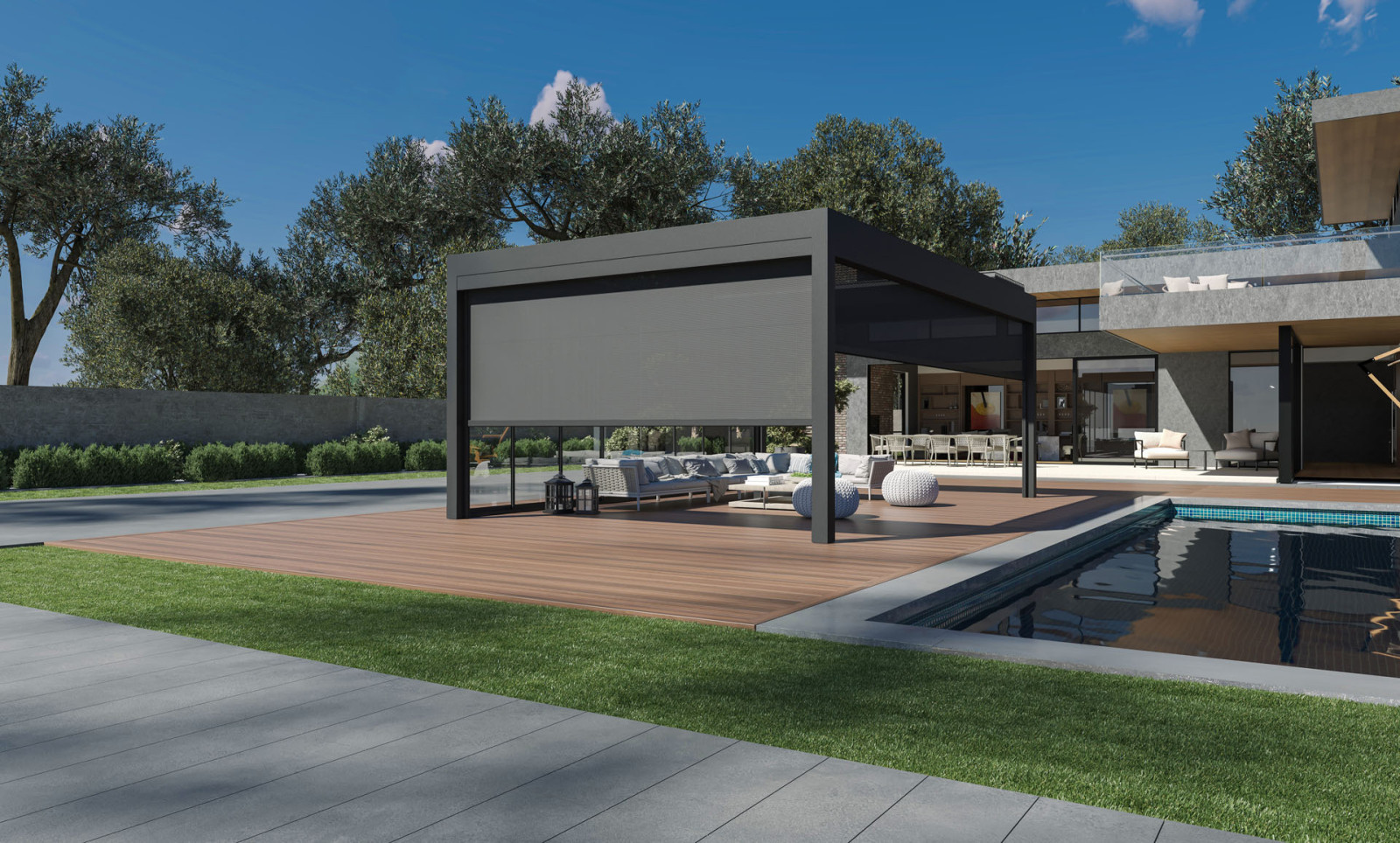 Image of a modern home with a pool and patio, including a vertical zip blind