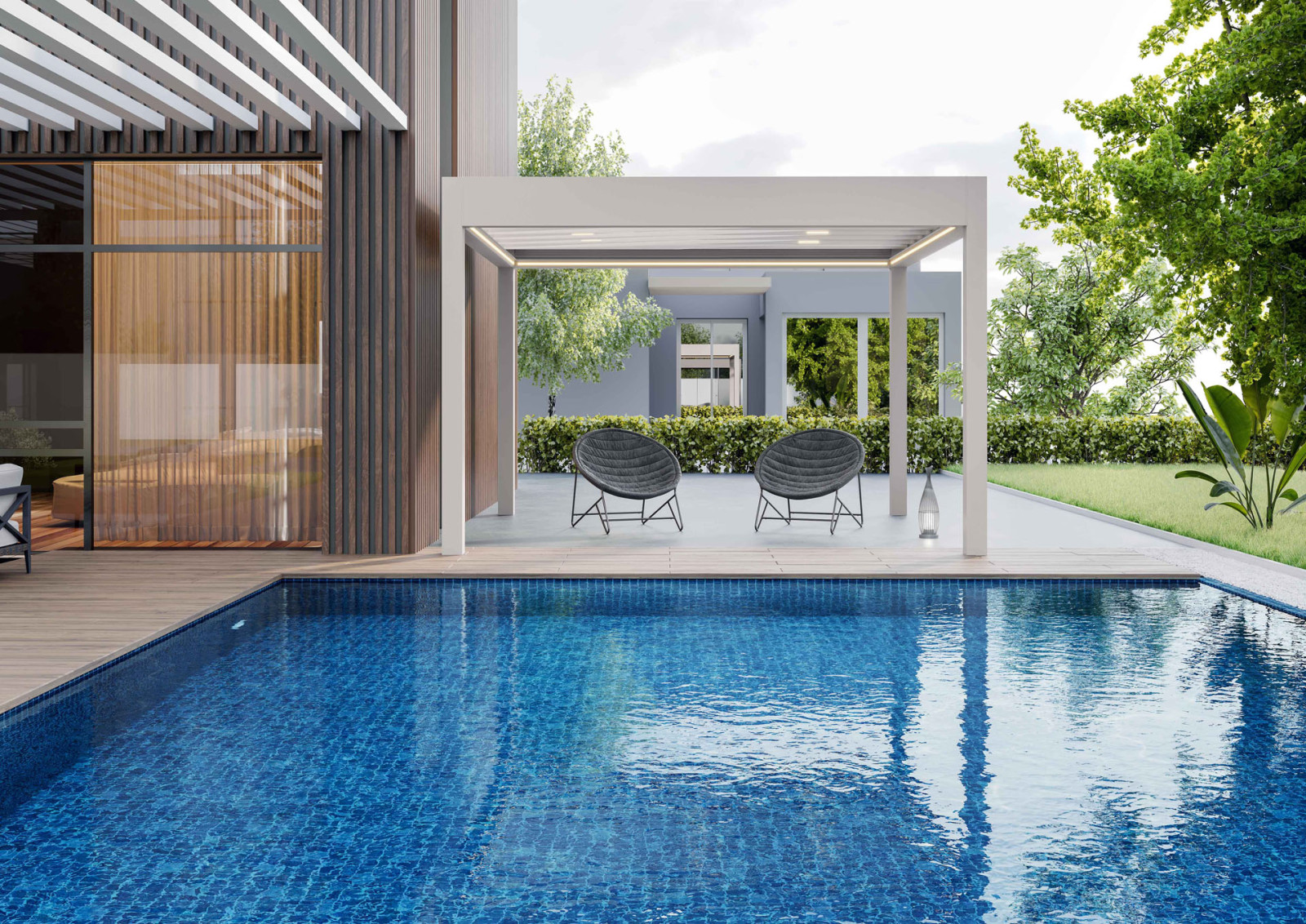 A serene pool area with fabric pergola with flat roof and seating.