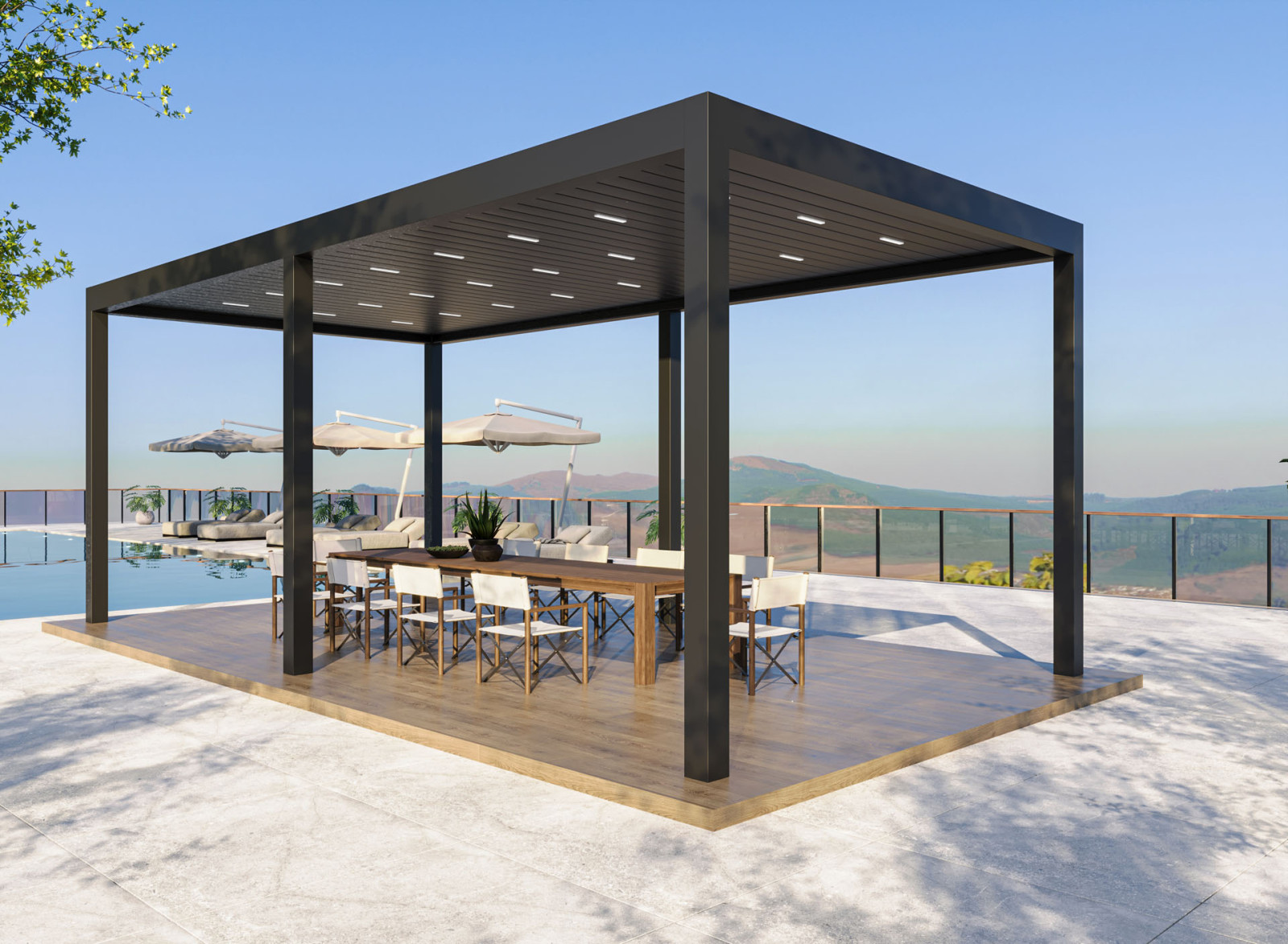 A rotatable bioclimatic pergola with a table and chairs on the patio.