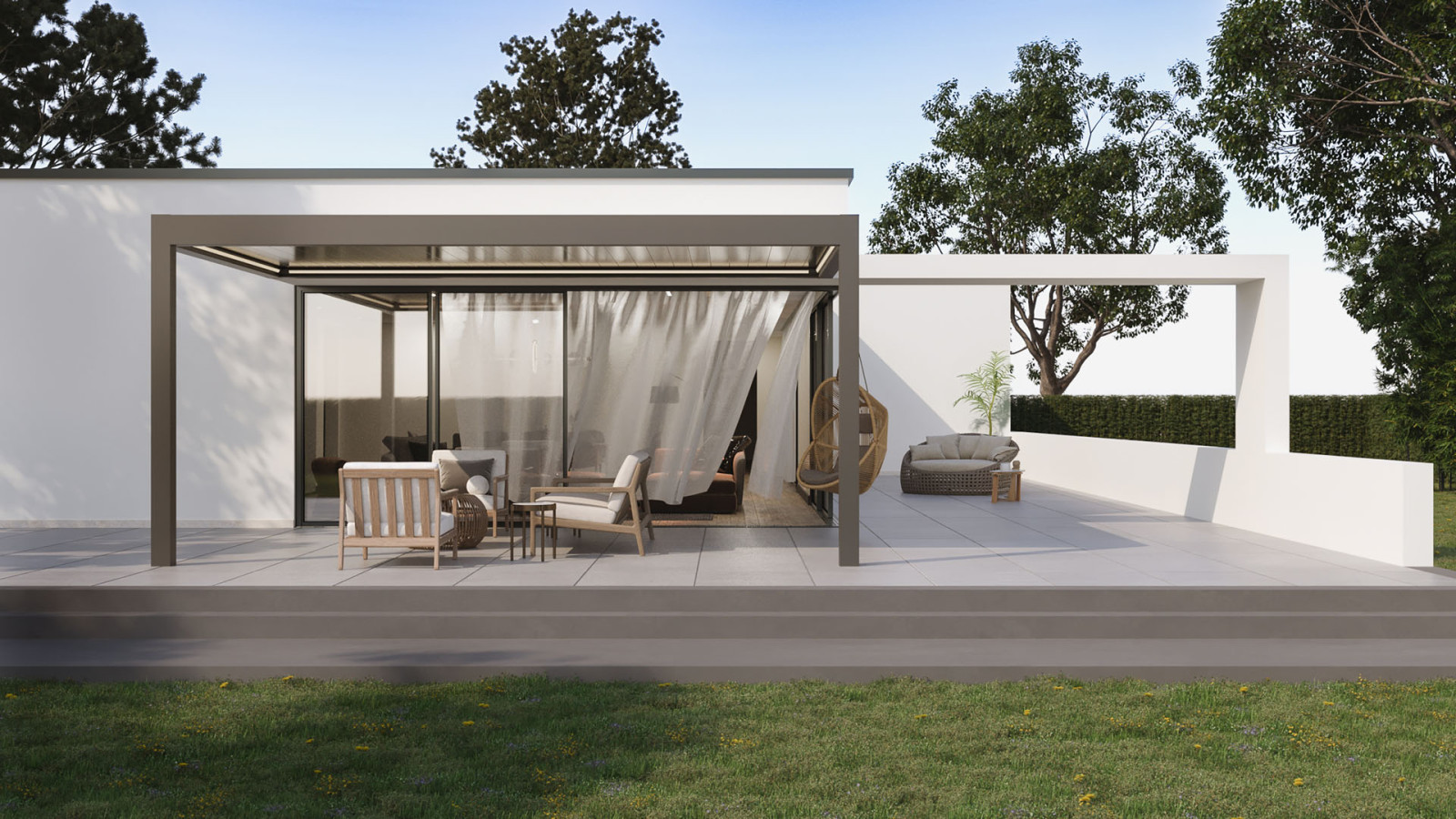 Outdoor seating on a patio with covered area and furniture under fixed bioclimatic pergola.