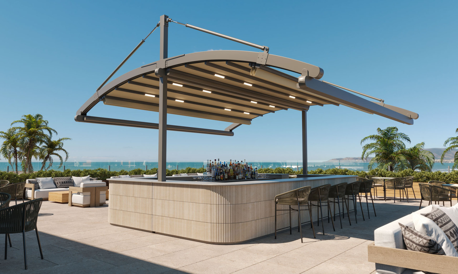 A bar outdoors covered by Fabric Pergola with rounded roof, providing a shaded spot for enjoying beverages.