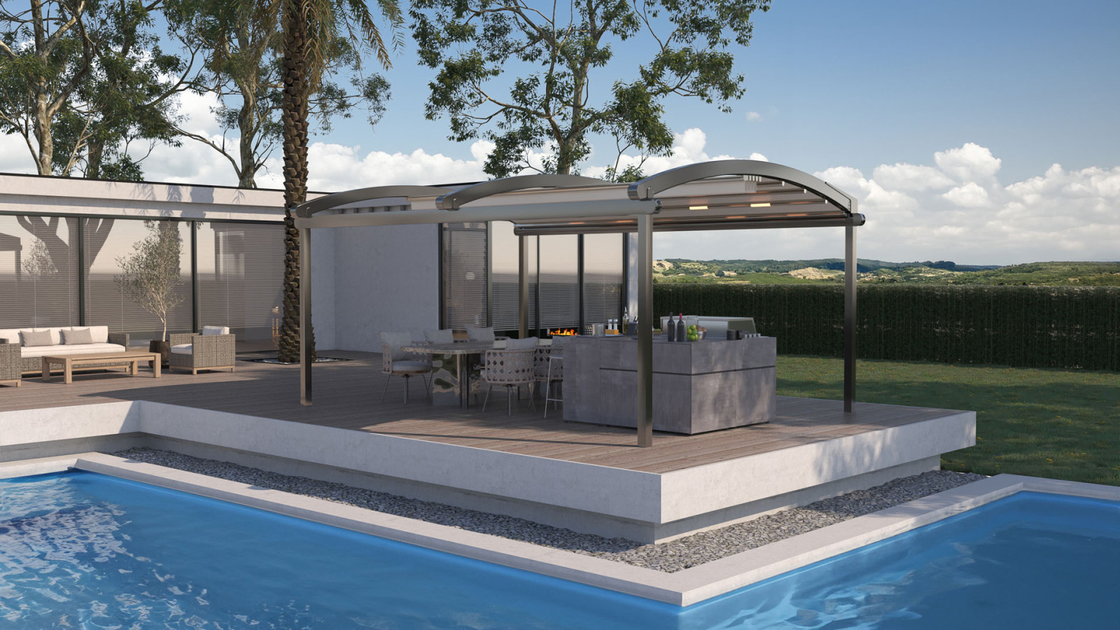 Image of a contemporary home with a pool and garden, showcasing fabric pergolas with a rounded roof.