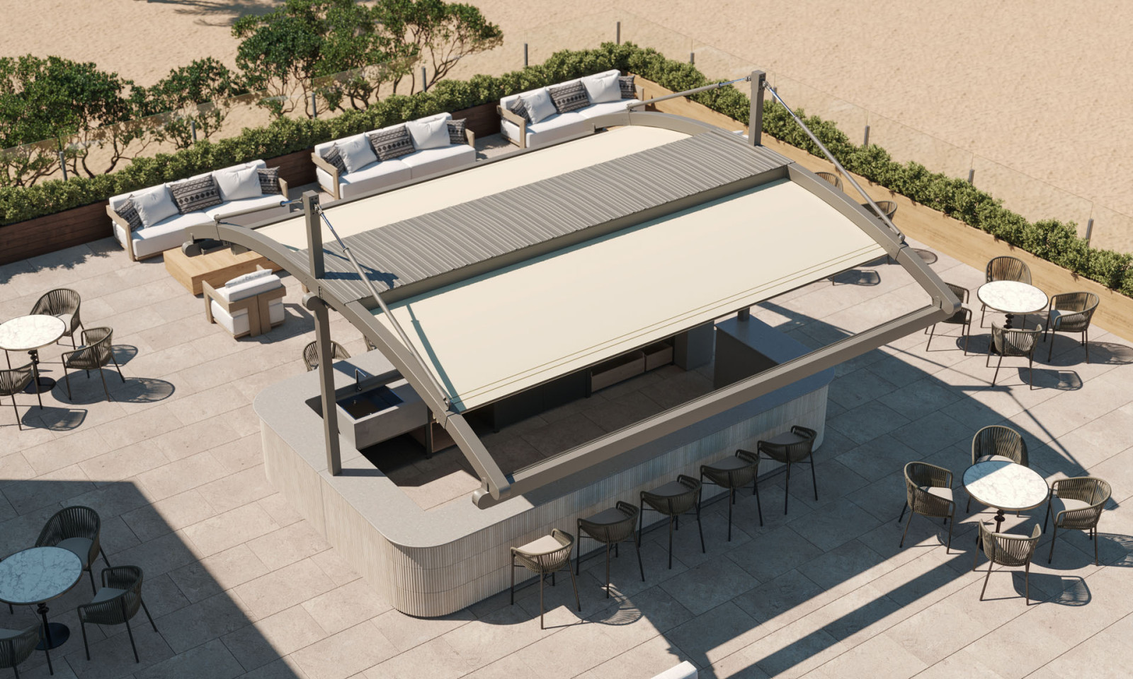 A bar outdoors covered by Fabric Pergola with rounded roof, providing a shaded spot for enjoying beverages.