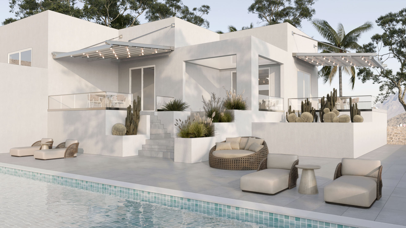 Image of a stylish house with a pool, outdoor furniture, and fabric pergolas with tilted roof