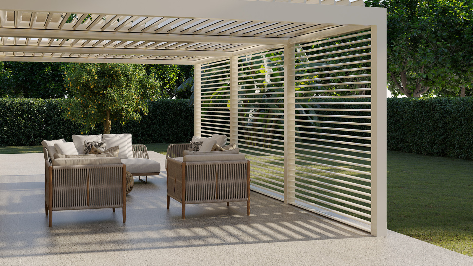 White furniture in a contemporary outdoor space with a sun breaker.