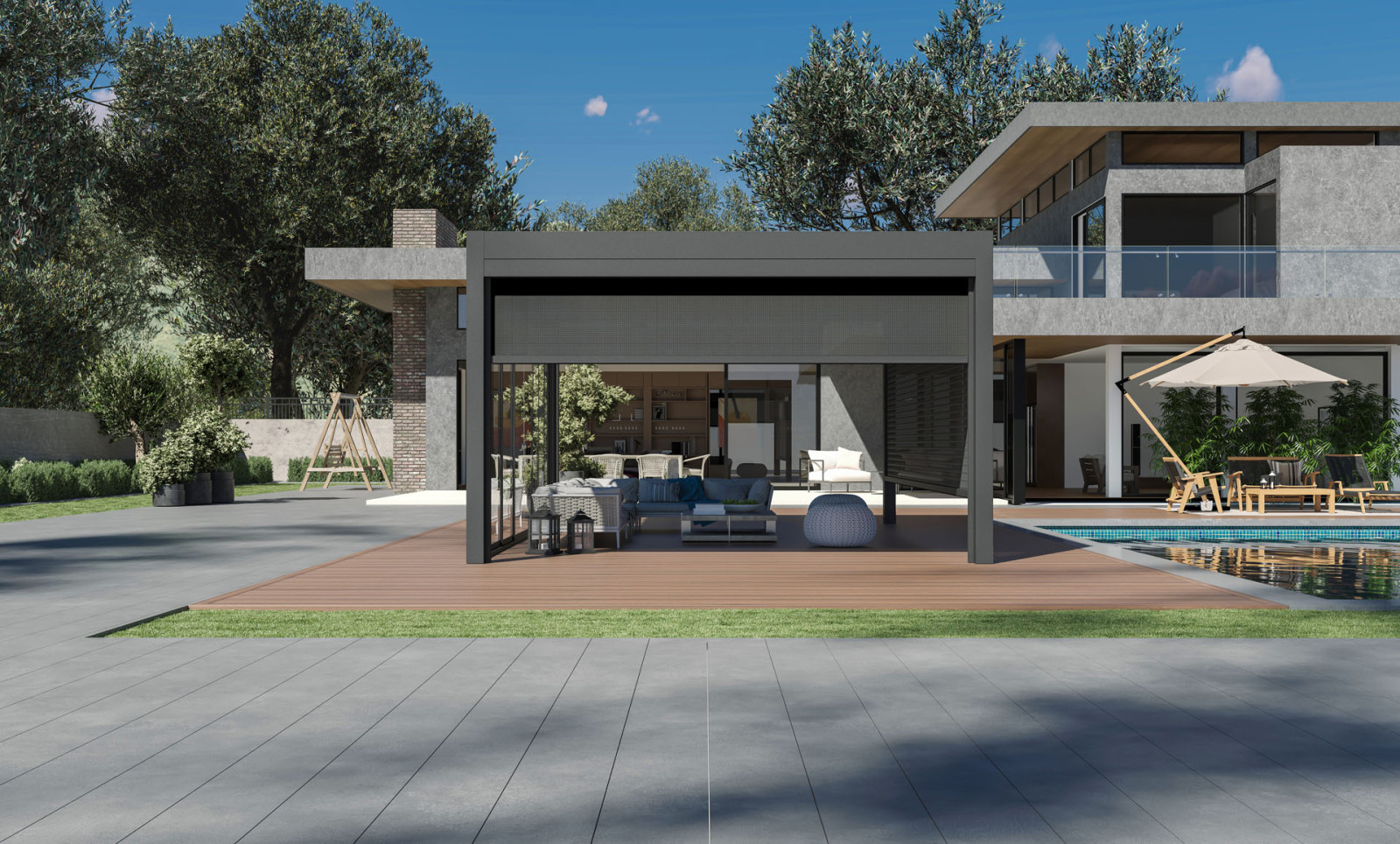 Image of a modern home with a pool and patio, including a vertical zip blind