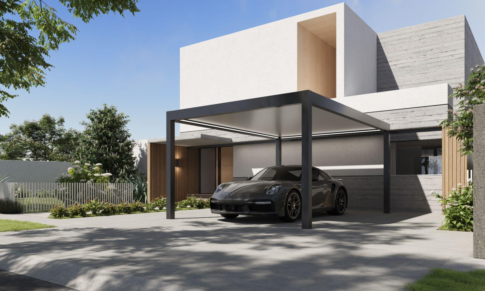 Palmiye Global tasarımı kapalı bir carport altında park edilmiş bir araca sahip modern bir ev.