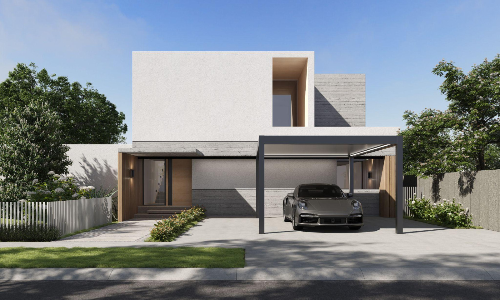 Unique house design featuring a car parked in front, showcasing a modern carport by Palmiye Global Firm.