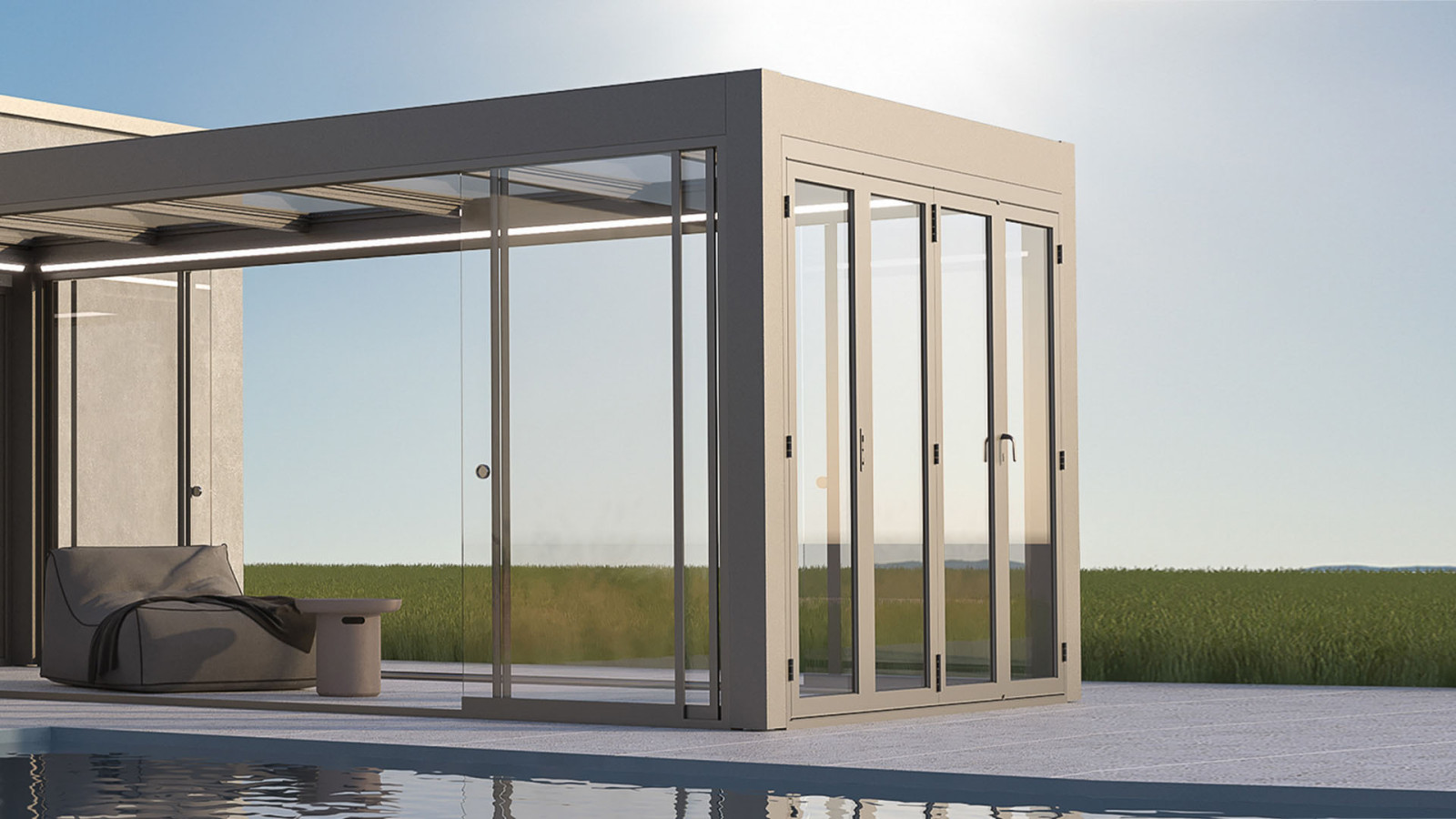 Modern winter garden featuring folding and sliding glass systems
