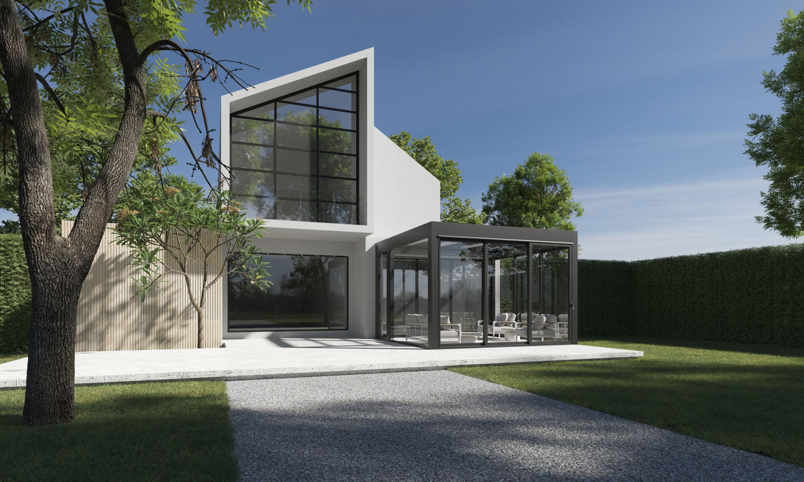 Modern villa with an integrated glass roof winter garden and large glass façade systems