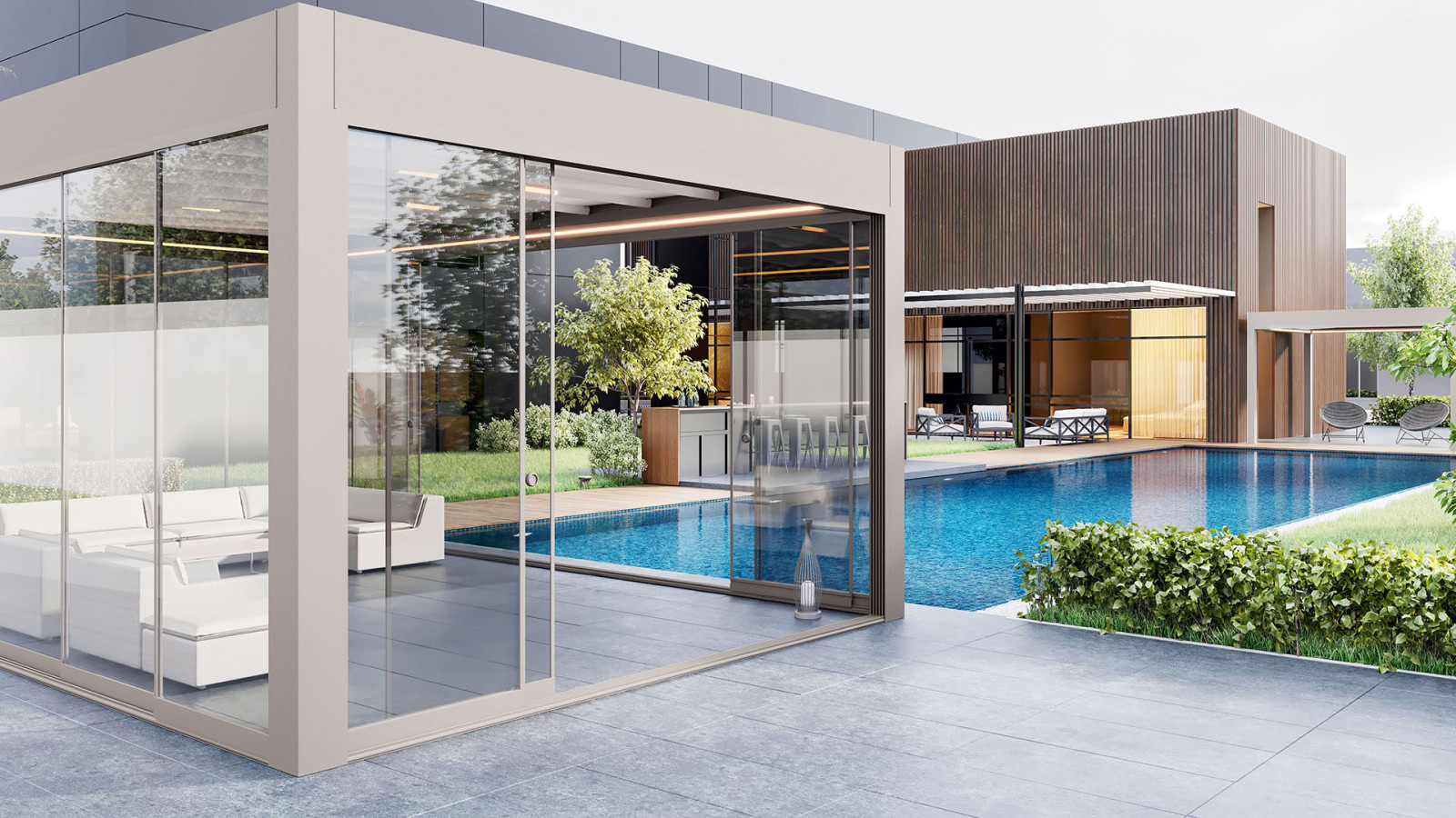 Modern poolside winter garden designed with sliding glass systems