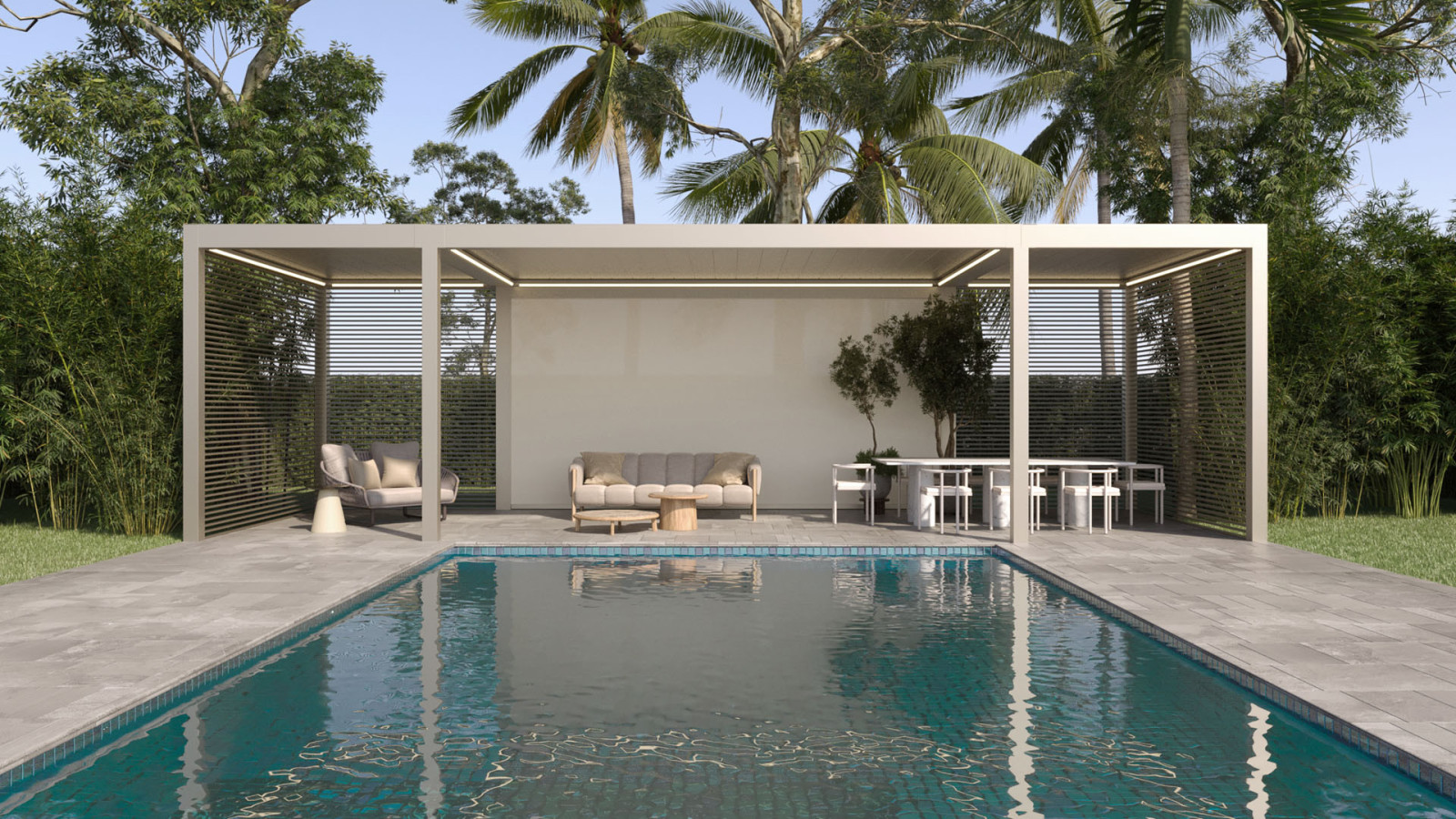 Modern aluminium bioclimatic pergola system creating a shaded outdoor living area beside the pool