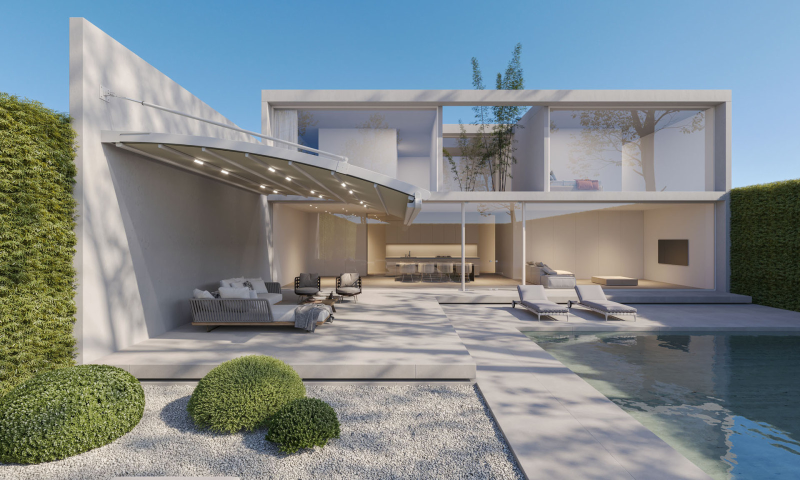 Retractable fabric pergola system providing shade over a contemporary poolside seating area