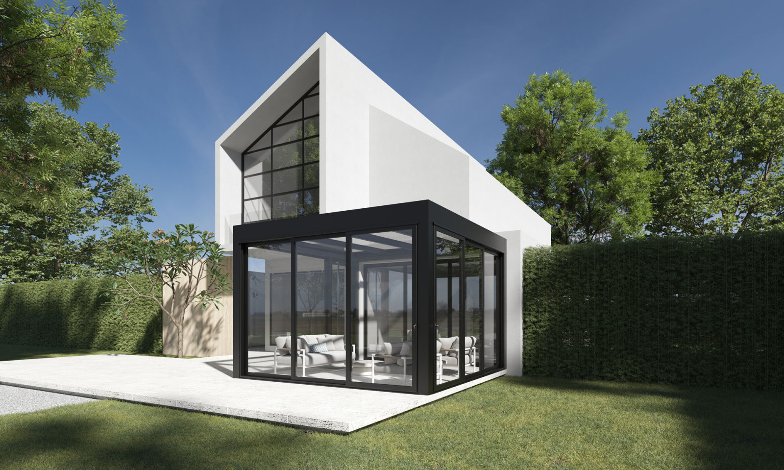 Modern glass roof pergola with glass panels creating an enclosed outdoor living space beside the house