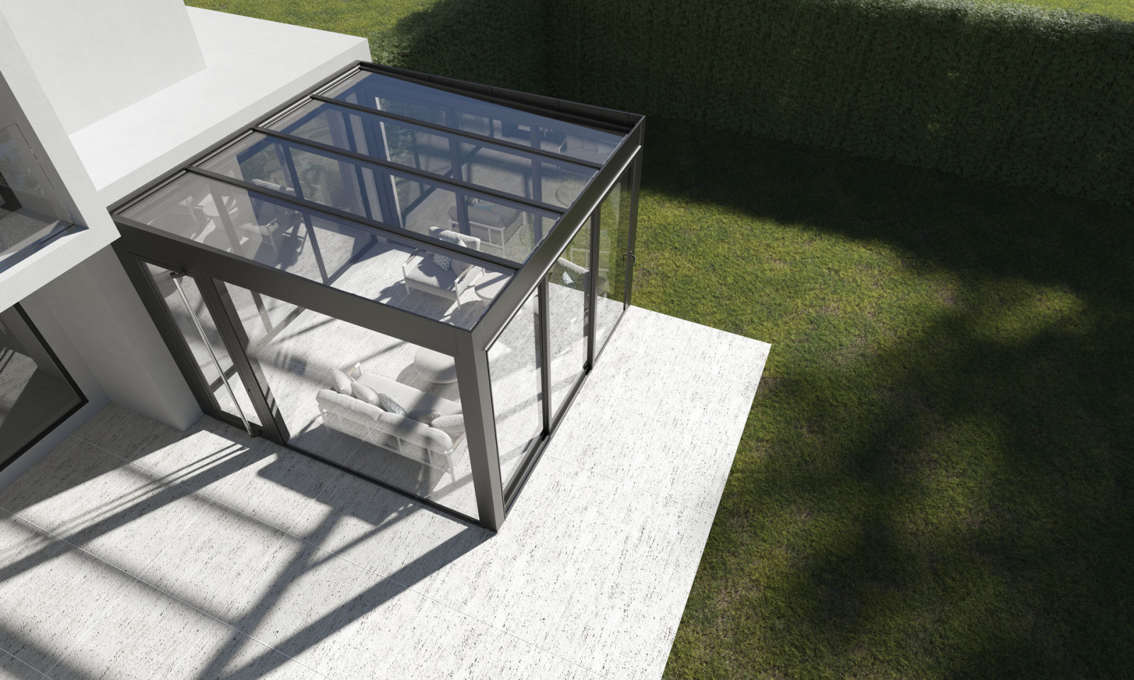 Modern glass roof pergola system with aluminium construction installed on a residential terrace